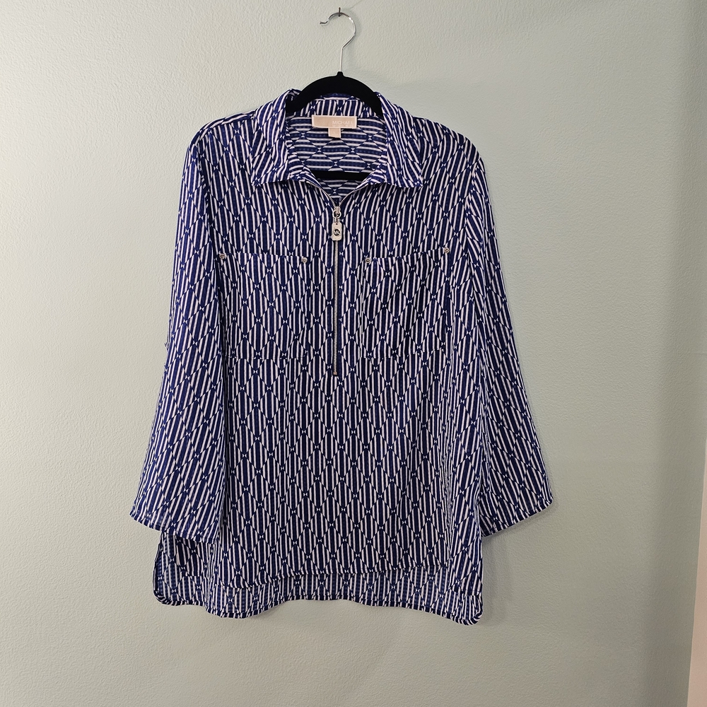 Michael Kors Navy & White Geometric Zip-Front Women's Top Collared Blouse